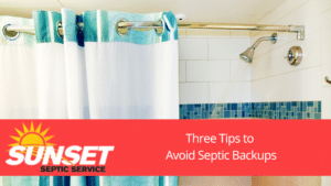 A running shower with a blue and white curtain - may cause septic backups