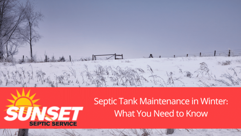 A winter scene with snow and trees. Red banner with white text says: "Septic Tank Maintenance in Winter: What You Need to Know" and the Sunset Septic logo