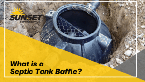 Black text reads "What is a Septic Tank Baffle" over a yellow triangle with an image of a septic tank baffle