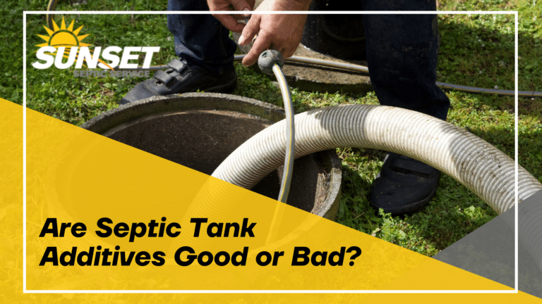 Black text reads "Are Septic Tank Additives Good or Bad" over a yellow triangle with an image a man pumping a septic tank