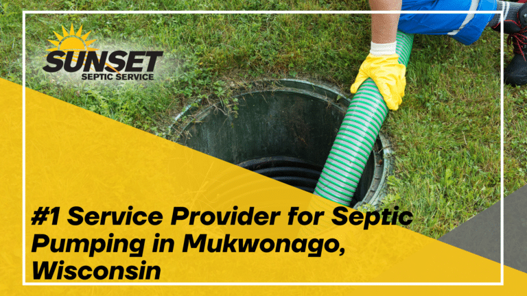 Black text reads "#1 Service Provider for Septic Pumping in Mukwonago Wisconsin " over a yellow triangle with an image of a septic hole