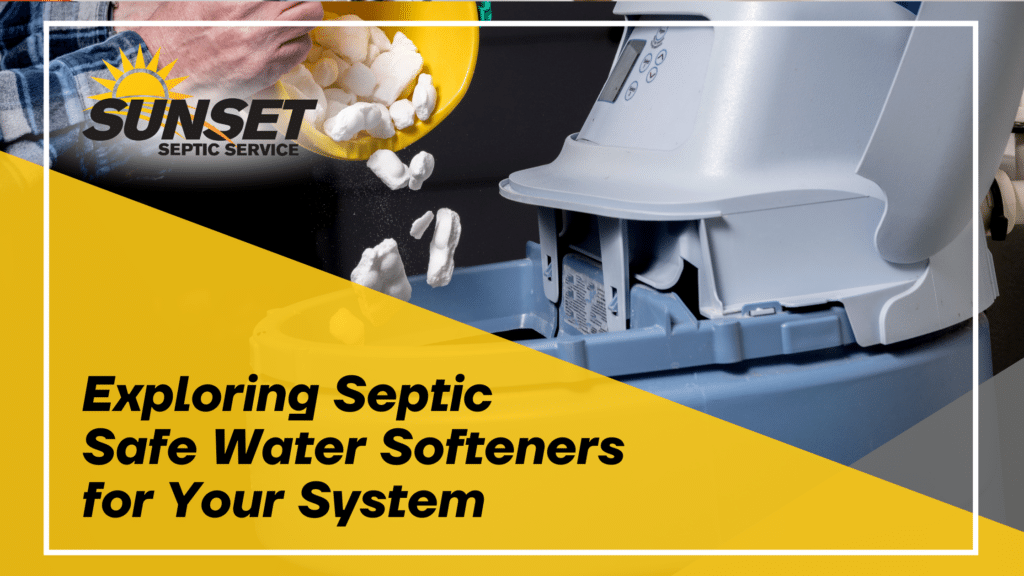 Black text reads "Exploring septic safe water softeners for your system" over a yellow triangle with an image of a water softener being poured into a septic tank