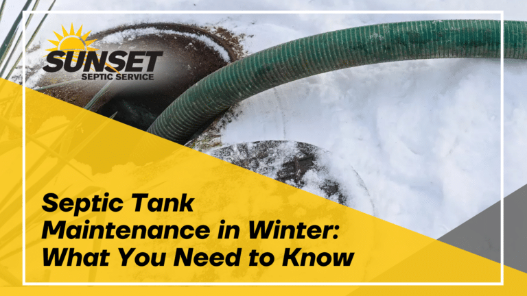 Black text reads "septic tank maintenance in winter: what you need to know" over a yellow triangle with an image of a septic pump in the snow