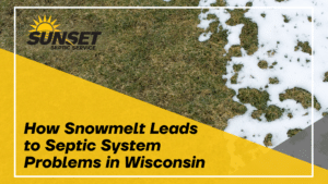 Black text reads "how snowmelt leads to septic system problems in wisconsin" over a yellow triangle with an image of the ground with snow