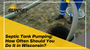 Black text reads "Septic Tank Pumping: How Often Should You do it in Wisconsin" over a yellow triangle with an image of a septic system being pumped