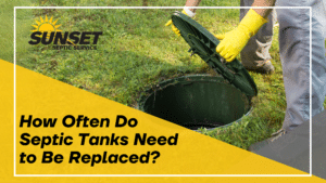Black text reads "how often do septic tanks need to be replaced" over a yellow triangle with an image of a septic tank lid being pulled up