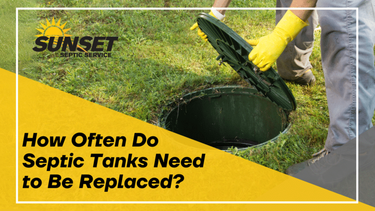 Black text reads "how often do septic tanks need to be replaced" over a yellow triangle with an image of a septic tank lid being pulled up