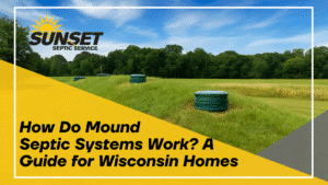Black text reads "How do mound septic systems work? A guide for wisconsin homes" over a yellow triangle with an image of mound septic systems