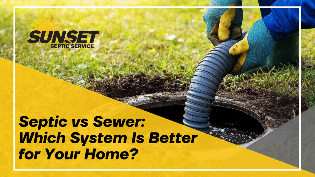Black text reads "Septic vs sewer: which system is better for your home" over a yellow triangle with an image of a septic system being pumped