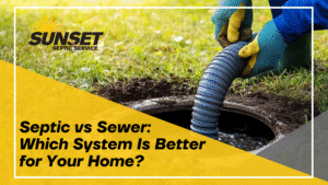 Black text reads "Septic vs sewer: which system is better for your home" over a yellow triangle with an image of a septic system being pumped