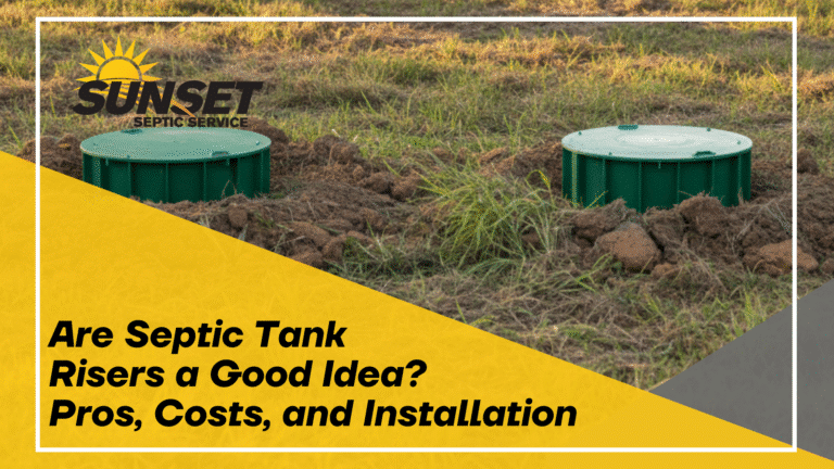 Black text reads "Are septic tank risers a good idea? Pros, costs, and installation" over a yellow triangle with an image of a septic tank risers